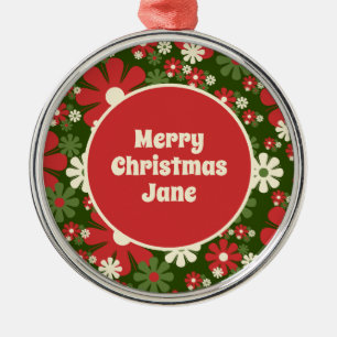 Retro 60s 70s Floral Merry Christmas Personalized Metal Ornament