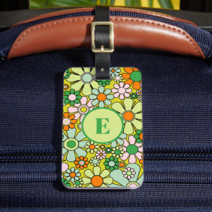 Retro 60s 70s Floral Pattern Personalized Initial Luggage Tag