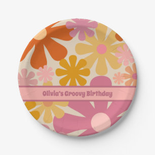 Retro 60s 70s Floral Pattern Personalized Paper Plate