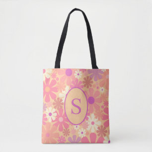 Retro 60s 70s Floral Pattern with Initial Tote Bag