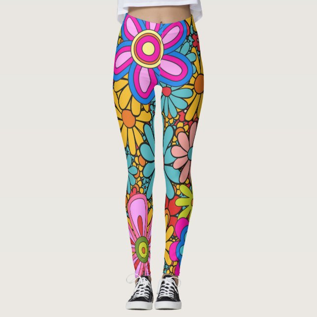 Retro 60s 70s Flower Pattern Leggings (Front)