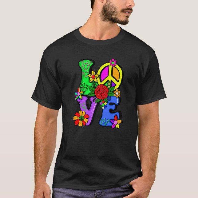 Retro 60's 70's Flower Power Hippy Groovy Love Pea T-Shirt (Front)