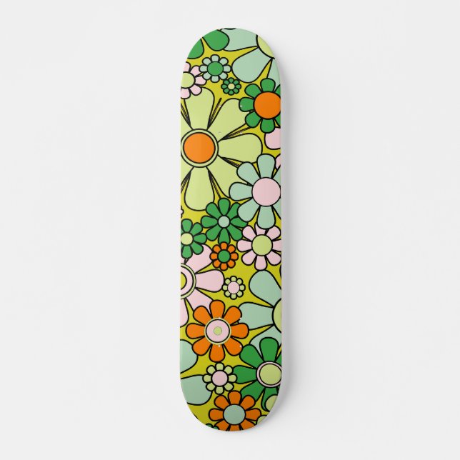 Retro 60s 70s Flowers Spring Green Floral Pattern Skateboard (Front)