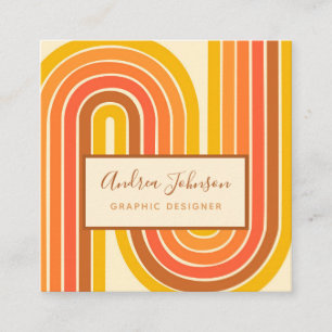 Retro 60s 70s Geometric Rainbow Waves QR Code Square Business Card