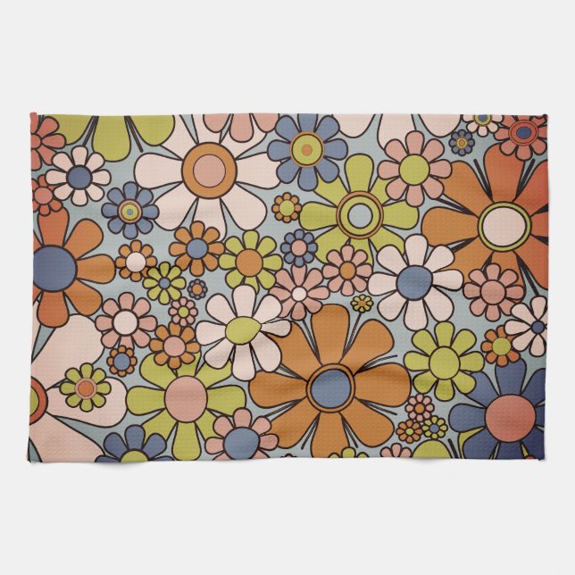 Retro 60s 70s Groovy Floral Pattern Kitchen Towel (Horizontal)