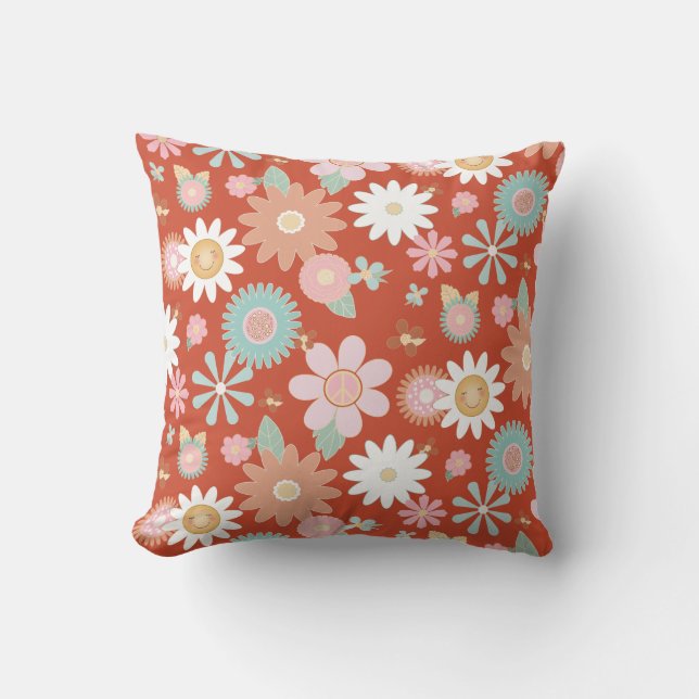 Retro 60s 70s Hippie Daisy Flower Power Orange  Throw Pillow (Front)