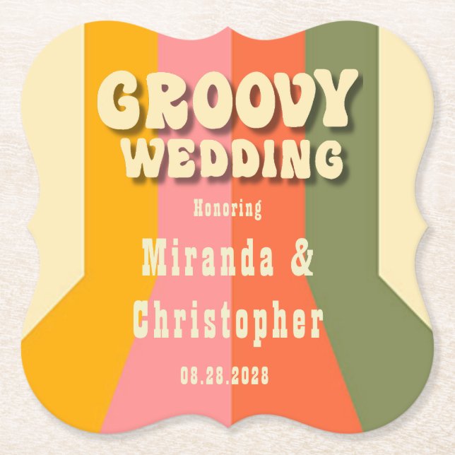 Retro 60s 70s Hippie Groovy Stripes Wedding Custom Paper Coaster (Front)