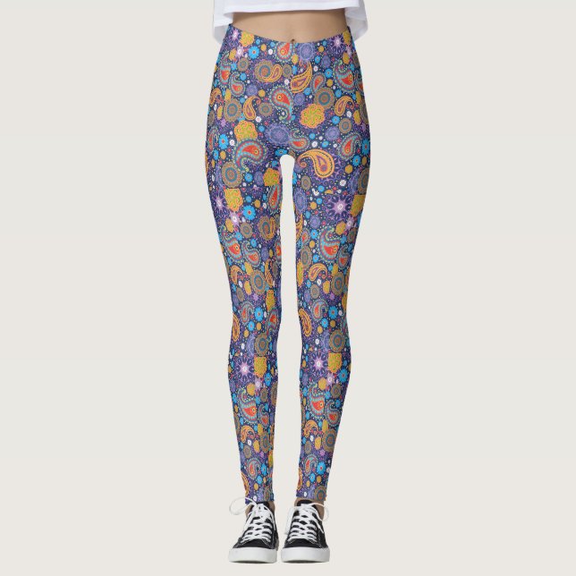 Retro 60s 70s Hippie Paisley Pattern Leggings (Front)