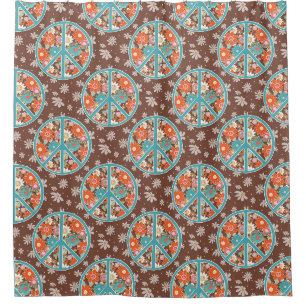RETRO 60s 70s Hippy Floral Peace Sign Brown Blue