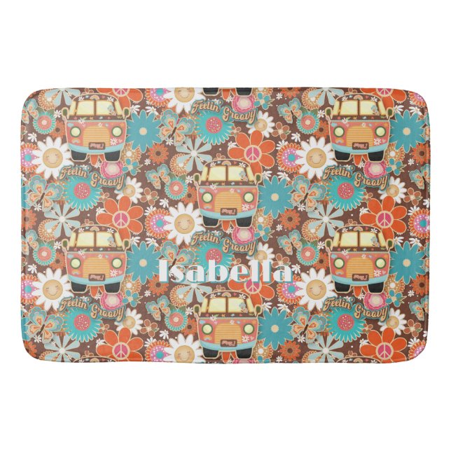 RETRO 60s 70s Hippy Van Feeling Groovy Floral Name Bath Mat (Front)