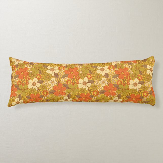 Retro 60s/70s Orange & Olive Green Floral Body Pillow (Front)
