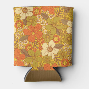 Retro 60s/70s Orange & Olive Green Floral Can Cooler