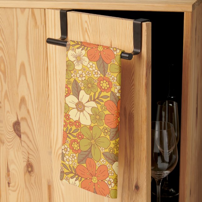 Retro 60s/70s Orange & Olive Green Floral Kitchen Towel (Thirds Fold)