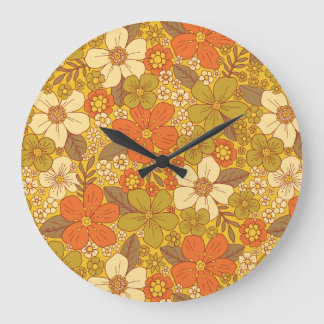 Retro 60s/70s Orange & Olive Green Floral Large Clock