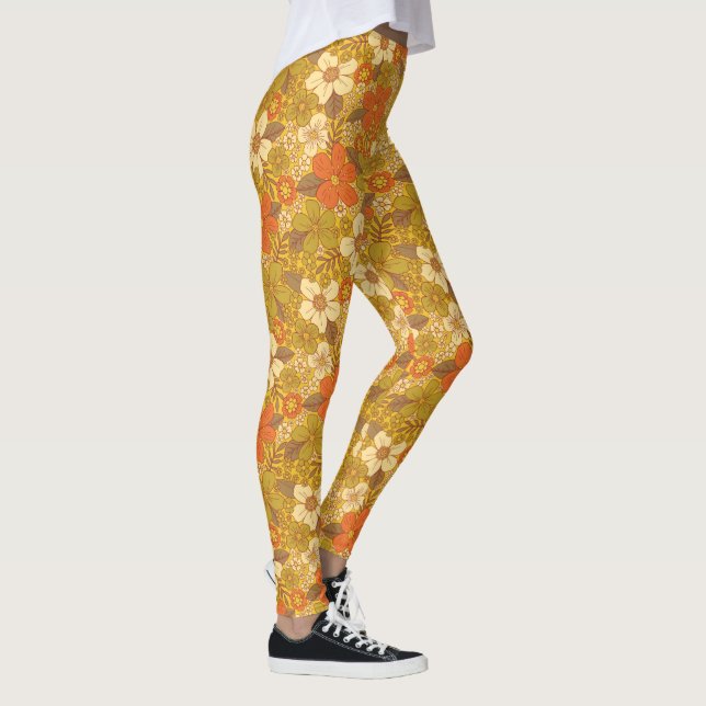 Retro 60s/70s Orange & Olive Green Floral Leggings (Right)