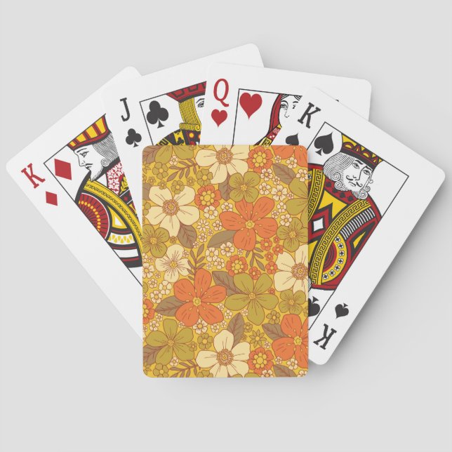 Retro 60s/70s Orange & Olive Green Floral Playing Cards (Back)