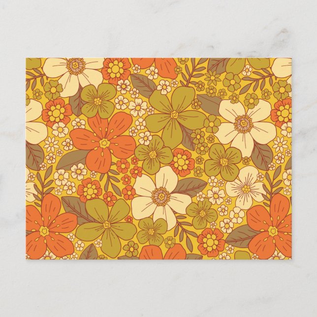 Retro 60s/70s Orange & Olive Green Floral Postcard (Front)