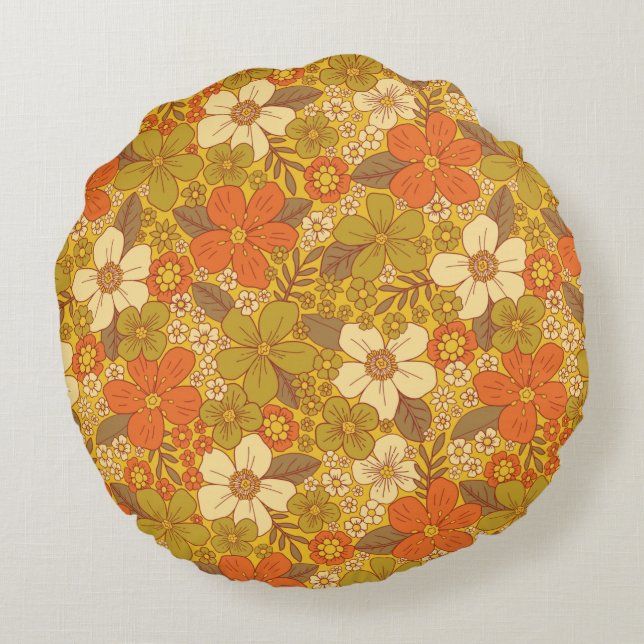 Retro 60s/70s Orange & Olive Green Floral Round Pillow (Back)