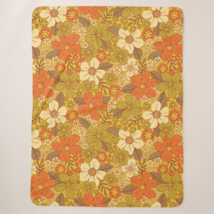 Retro 60s/70s Orange & Olive Green Floral Sherpa Blanket