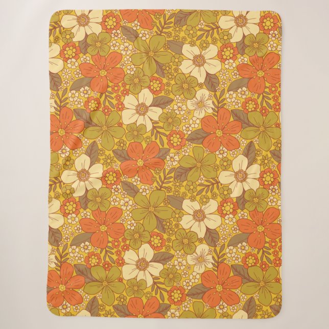 Retro 60s/70s Orange & Olive Green Floral Sherpa Blanket (Front)