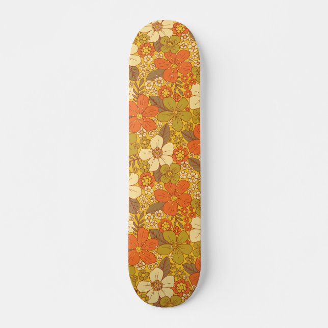 Retro 60s/70s Orange & Olive Green Floral Skateboard (Front)