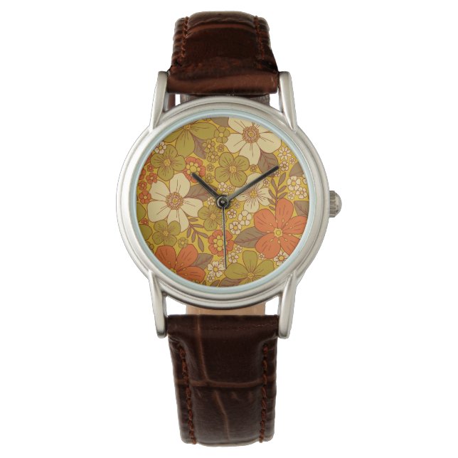 Retro 60s/70s Orange & Olive Green Floral Watch (Front)