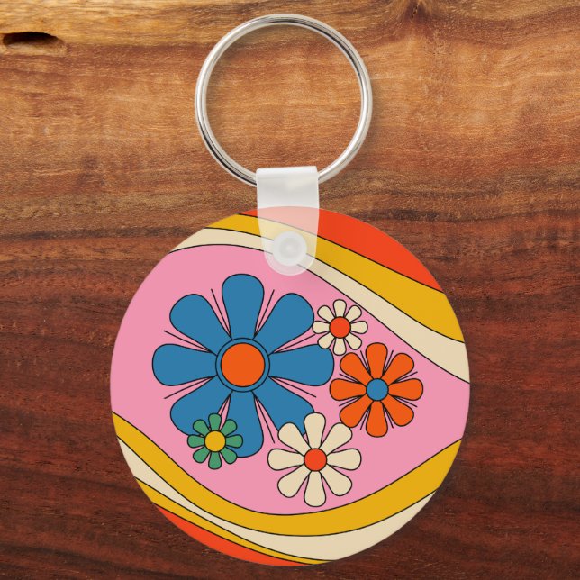 Retro 60s 70s Pink Floral with Initial Keychain (Front)