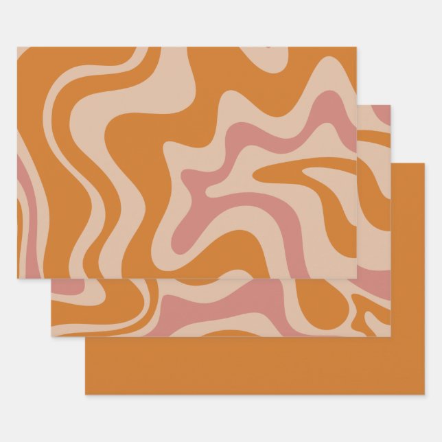 Retro 60s 70s Psychedelic Swirls Orange Pink Wrapping Paper Sheet (Set)