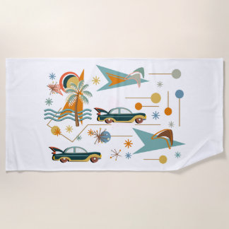 Retro 60s Car Trip to the Beach Beach Towel