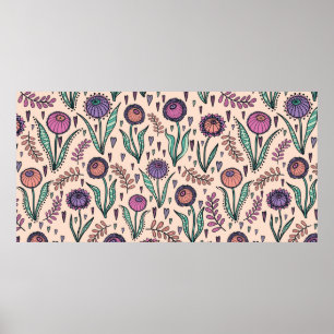 Retro 60s floral. Vintage hand drawn illustration Poster