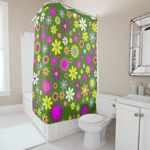 Retro 60s Flower Green Yellow Purple Floral Design