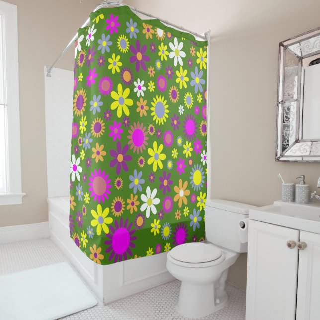 Retro 60s Flower Green Yellow Purple Floral Design (In Situ)