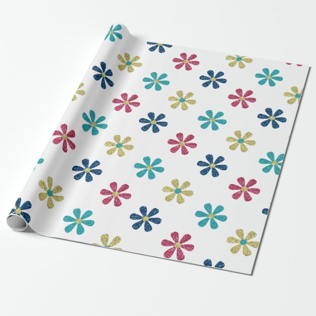 Retro 60s Flowers Gold Blue Red Glitter Sparkle Wrapping Paper (Unrolled)
