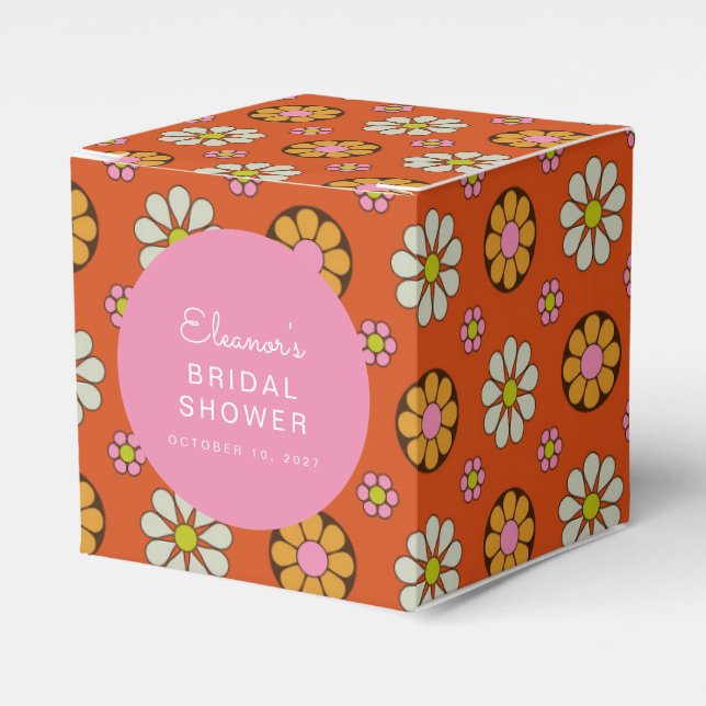 Retro 60s Flowers Orange Pink Bridal Shower Custom Favor Box (Front Side)