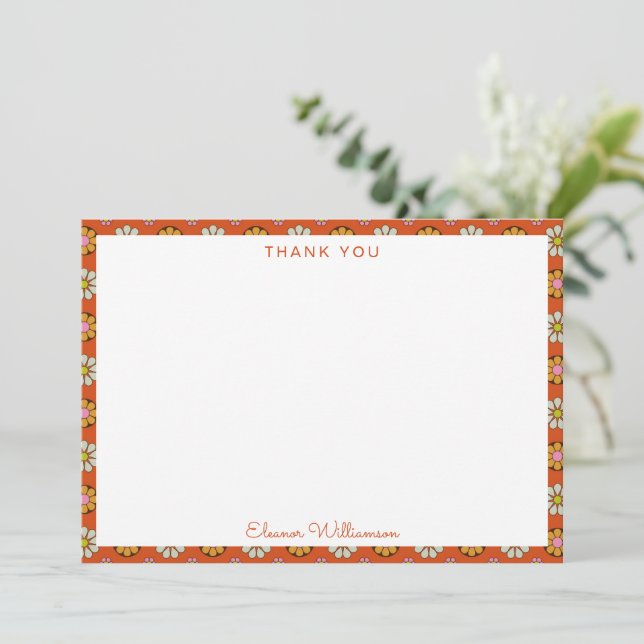 Retro 60s Flowers Orange Pink Bridal Shower Custom Thank You Card (Standing Front)