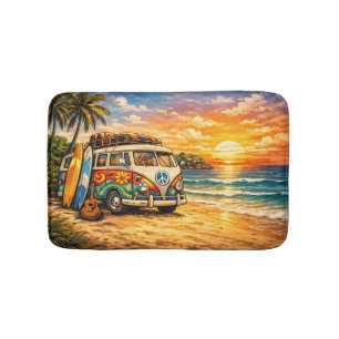 Retro 60s Hippie Beach Bus Sunset Surf Van Life Bath Mat