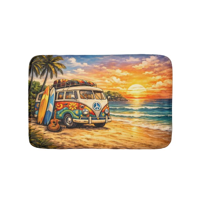 Retro 60s Hippie Beach Bus Sunset | Surf Van Life Bath Mat (Front)