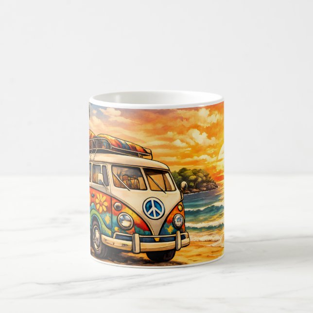 Retro 60s Hippie Beach Bus Sunset | Surf Van Life Coffee Mug (Center)