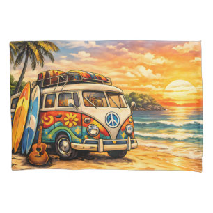 Retro 60s Hippie Beach Bus Sunset   Surf Van Life Pillowcase