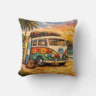 Retro 60s Hippie Surfer Beach Bus Sunset Surf Life Throw Pillow