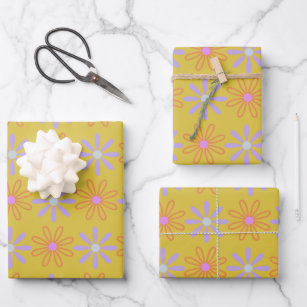 Retro 60s Mod Pop Flower Pattern in Yellow Wrapping Paper Sheet