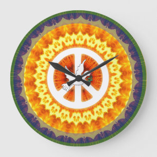 Retro 60s Peace Symbol White Dove Olive Branch Large Clock