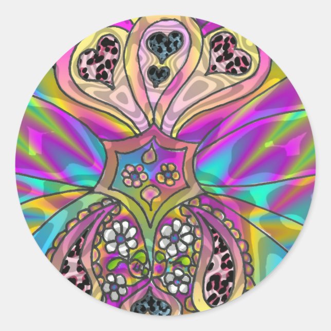 Retro 60s Psychedelic Hearts Flowers Gifts Apparel Classic Round Sticker (Front)