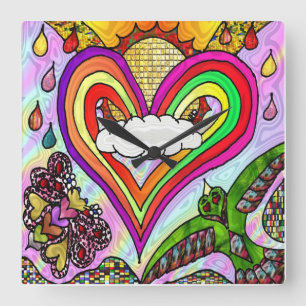 Retro 60s Psychedelic Rainbow Heart Clock