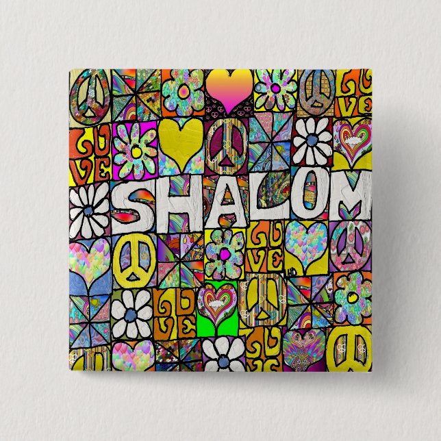 Retro 60s Psychedelic Shalom LOVE 2 Inch Square Button (Front)