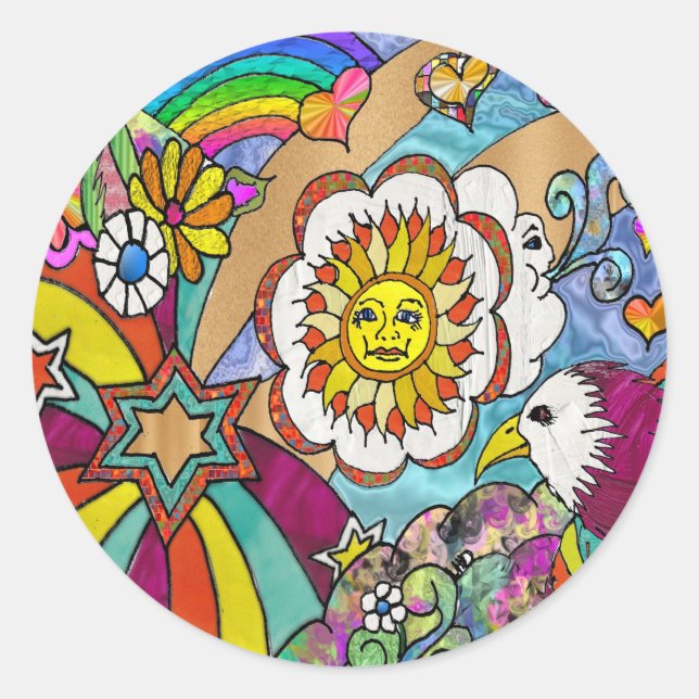 Retro 60s Psychedelic Sunshine Eagle Apparel Gifts Classic Round Sticker (Front)