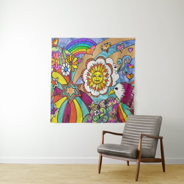 Retro 60s Psychedelic Sunshine Eagle Tapestry (In Situ)
