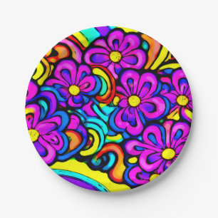 Retro 60s Purple Flower Cartoon Anime Psychedelic Paper Plate