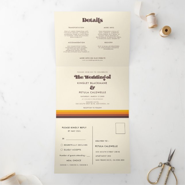 Retro 60s vintage colours wedding Tri-Fold invitation (Inside)