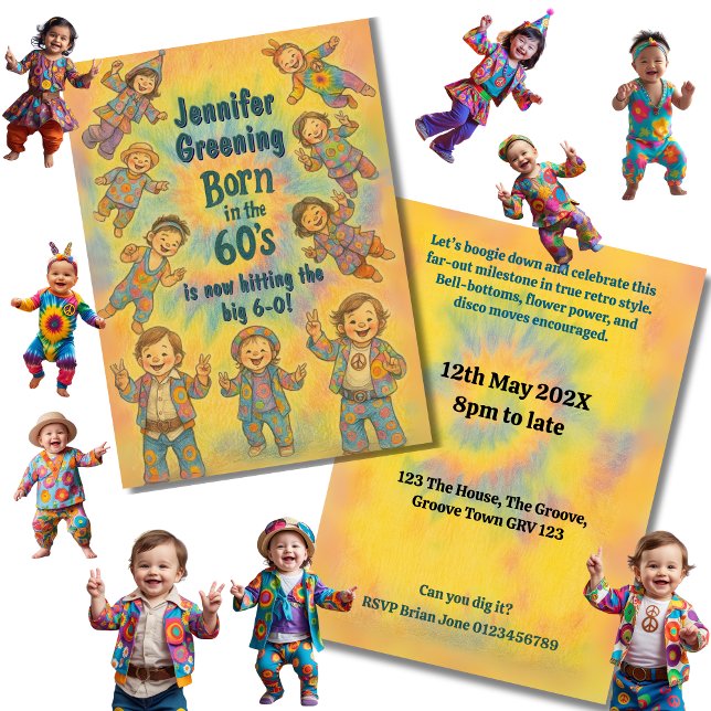 Retro 60th Birthday Born in the ’60s Groovy Hippie Invitation (Creator Uploaded)